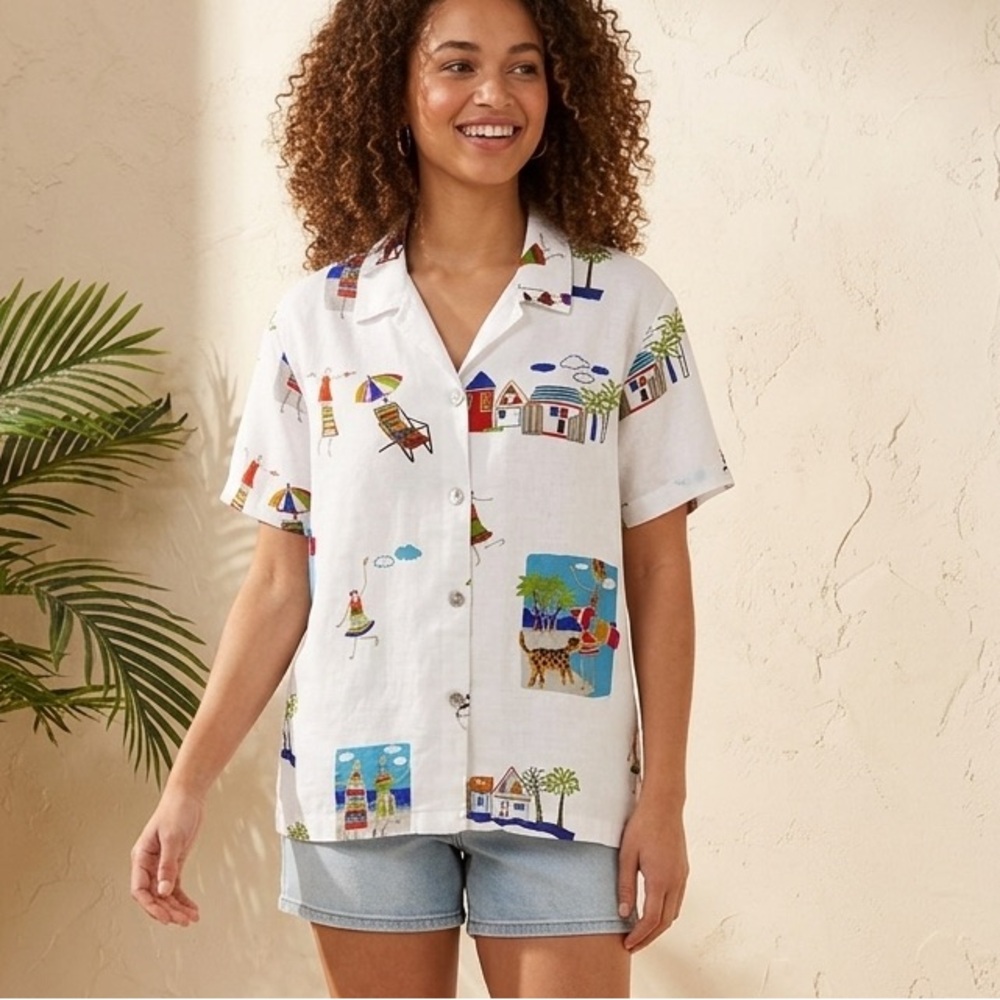 Hot Cotton By Marc Ware L Women Linen Button Up Shirt Tropical Vacation